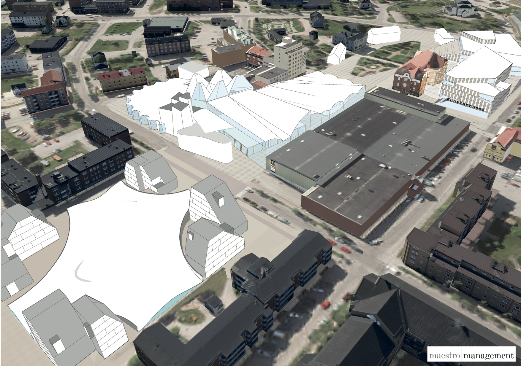 Overview of the proposed center of Gällivare. It is based on the vision of bringing education, culture and sports activities into the town center and to connect them with public, social spaces. In the middle is the multi-activitty building for sport…