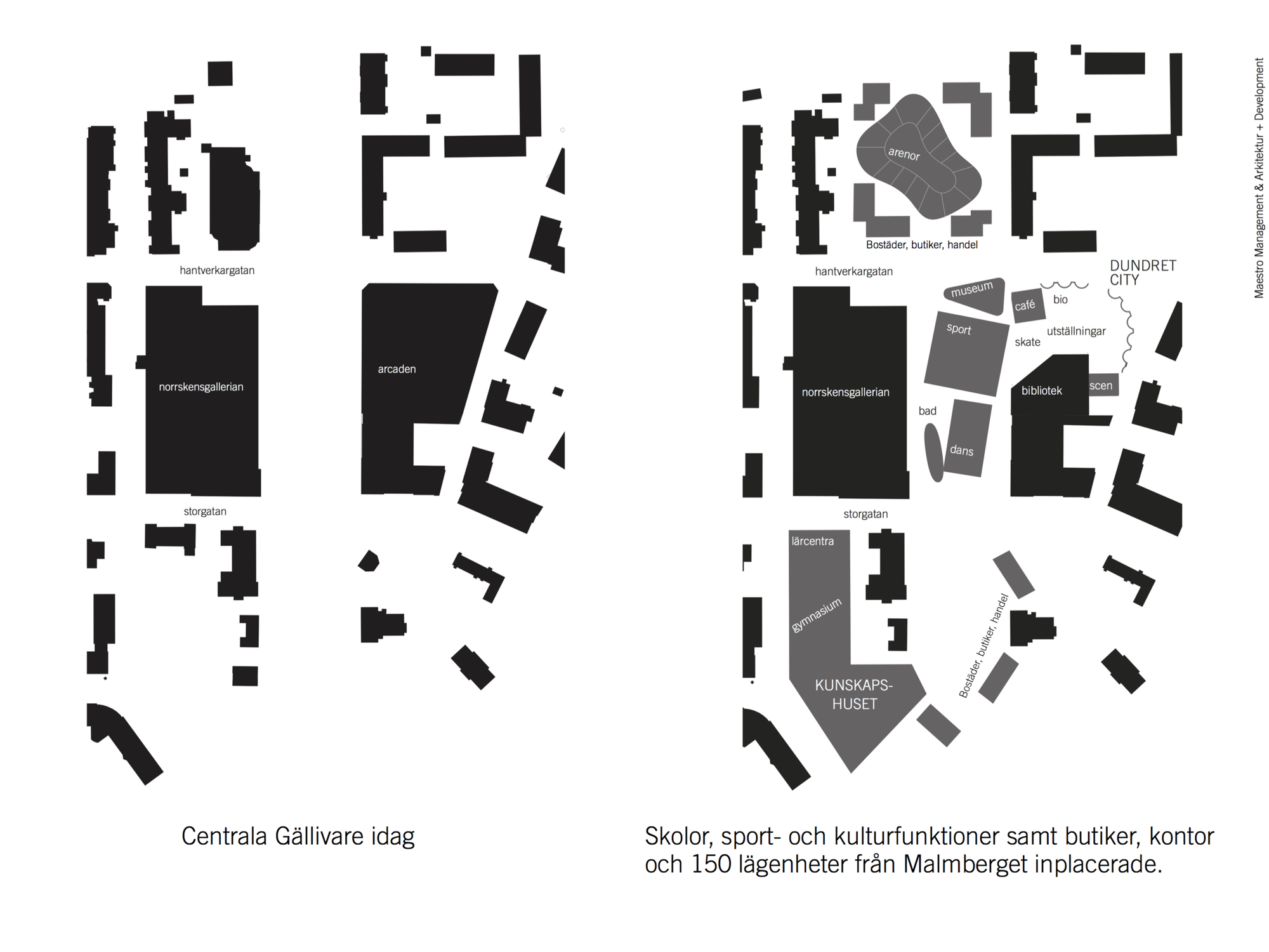 This is how the 38 000 sq. m of education and activities are placed to form the new city center. Like many cities the 60ies modernism left the center empty and almost dead. (Click for a hi-re image.)