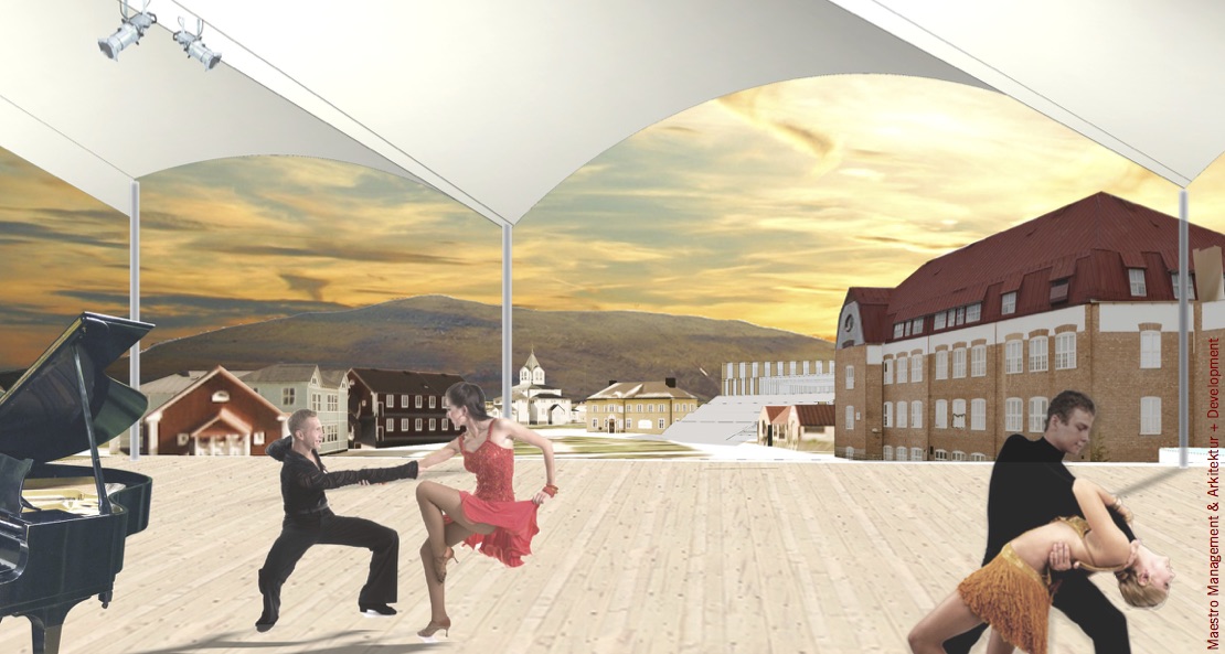 Adding buildings in different styles improves the square, while maintaining views and the church prominence.