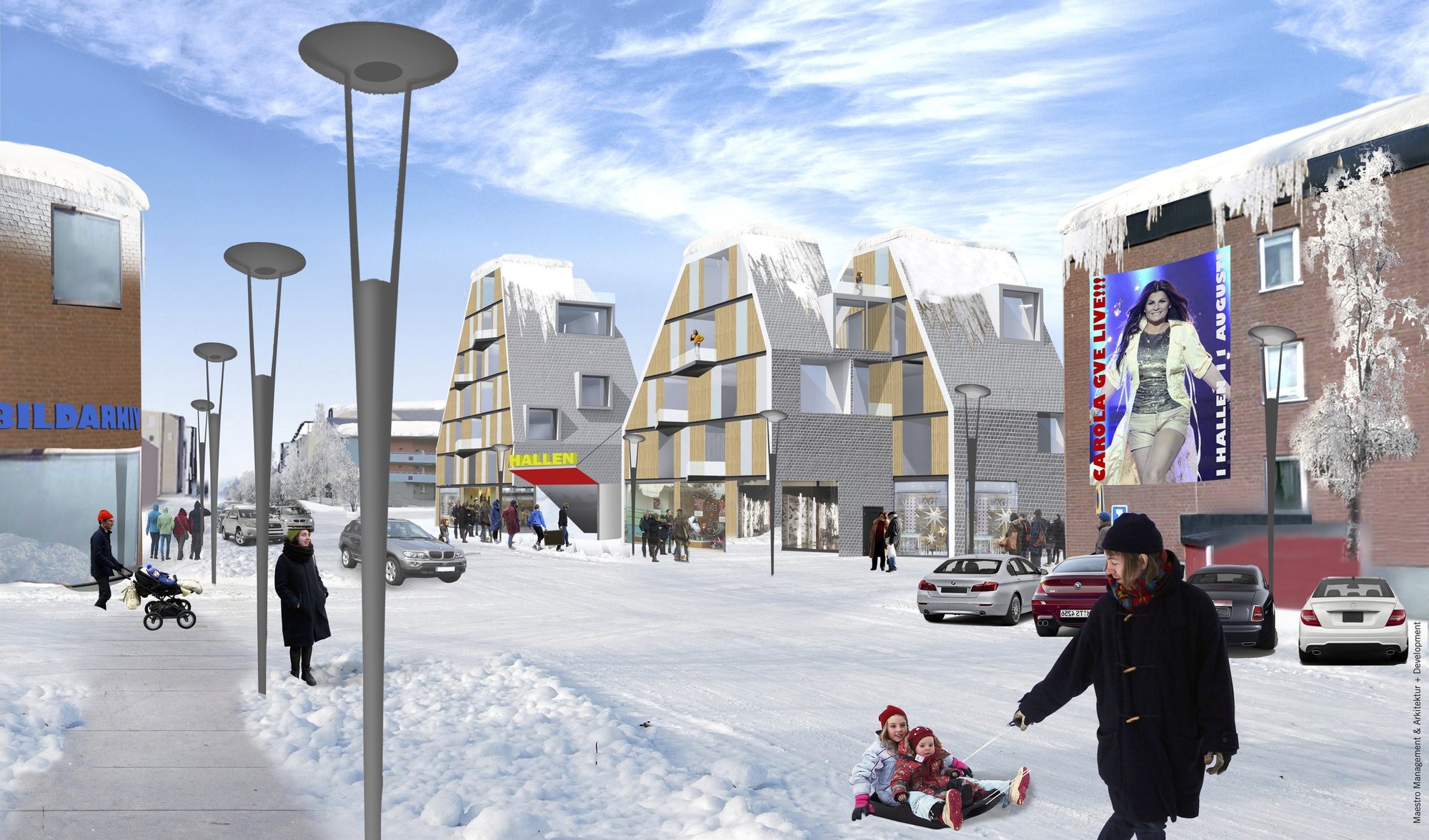 An ice arena can be put diagonally, with houses, shops and offices on the corners. Then the arena can be placed in the city center without creating dead facades or streets.